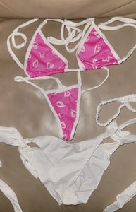Handmade Pink Tri-Top Thong Bottom Bikini & Shorts